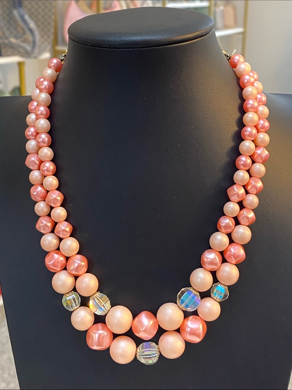 Pearl-Style Triple Strand Necklace in Peach Pink